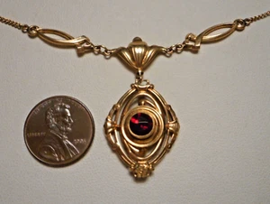 1930s 10K Yellow Gold & Garnet Pendant Necklace w Side Chains signed B 5.4g - Picture 1 of 15