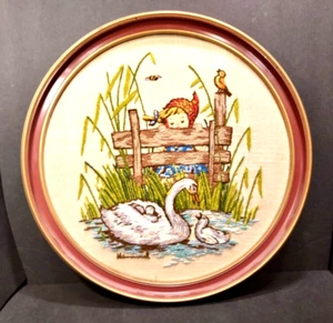 Vintage Hummel Crewel Needlepoint Girl Feathered Friends Swans Fence 13" Round - Picture 1 of 6