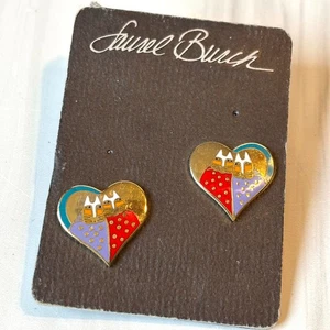 Vintage 1988 Laurel Burch "Valentine Cats" Emaille Herz Ohrringe Pfosten - Bild 1 von 7