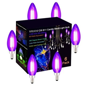 6 Pack E12 B11 Filament LED Candle Black Light Bulbs, UVA 395nm 4.5W Candelab... - Picture 1 of 6