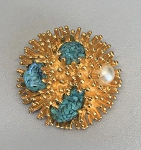 BENEDIKT NY signierte Vintage MCM Sputnik Seeigel Faux Türkis & Perle Brosche - Bild 1 von 8