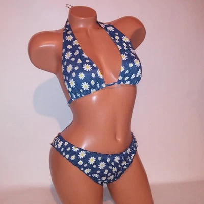 Victoria Secret PINK Swim Bikini Top & Bottom Large Blue White Floral Cheeky New - Image 1 of 4