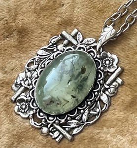 Prehnite Necklace Huge Gemstone Silver Plated Floral Pendant Art Nouveau Revival - Picture 1 of 5