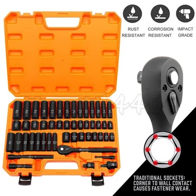 50Pc 3/8" Drive Impact Socket Set  Ratchet Wrench Metric SAE Deep Short Socket - image 1 of 4