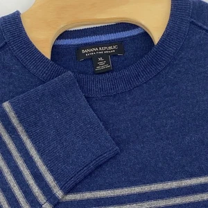 Banana Republic Mens XL Blue Striped Merino Wool Crew Neck Sweater Extra Fine - Picture 1 of 7