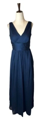 ML Monique Lhuillier Dress Women 6 Navy Blue Chiffon Pleated Fit And Flare Gown - Image 1 of 4