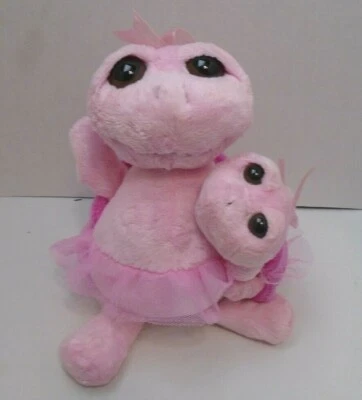 Rare Unipak Pink 10" Mom holding 5" Baby Big Eyed Turtle Plush in Ballerina Tutu - Image 1 of 4