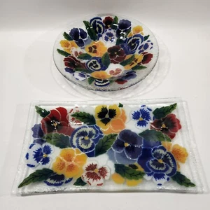 Juego de servir arte en vidrio fundido Peggy Karr Pansy cuenco decorativo y plato rectangular - Imagen 1 de 21