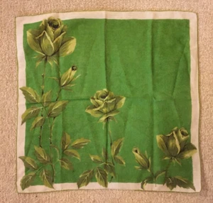 Vintage Green Roses 14" Square Green Tones Handkerchief Hankie FREE SHIP - Picture 1 of 6
