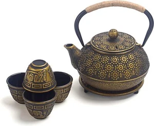 Kendal 6-pieces Gold Japanese Cast Iron Pot Tea Set 30oz with Trivet and 4 Cups - Picture 1 of 7