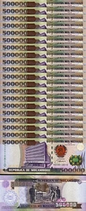 Mozambique 500000 500,000 Meticais 2003 2004, aUnc/Unc, 20 Pcs LOT, P-142 - Picture 1 of 5