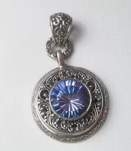 Vinatage Sarda Bali Handcrafted Iolite Blue Quartz Sterling Pendant Ornate - Picture 1 of 8
