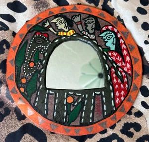 Vintage Hand Painted Indian Folk Art Round Mirror Women Elephant Papier Mache - Picture 1 of 9