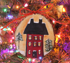 OOAK Handpainted Snowy Salt Box House Pine Trees Wood Slice Christmas Ornament