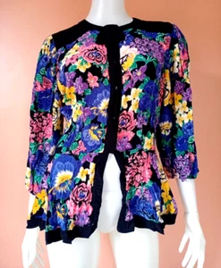 DIANE FREIS ORIGINAL VINTAGE 80's FLORAL PRINT TOP MULTICOLOR M - Picture 1 of 6