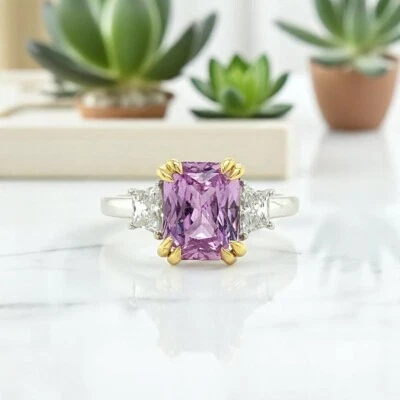 14K Multi Gold Diamond Ring 3.70 Ct Radiant Cut Lab Grown Purple Pink Sapphire - Image 1 of 4