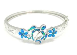 INLAY OPAL HAWAIIAN HONU TURTLE PLUMERIA SCROLL BANGLE BRACELET STERLING SILVER - Picture 1 of 2