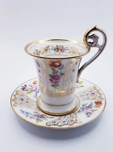 Antique Dresden German Richard Klemm Bird Head Figure Handle Floral Cup Saucer - Picture 1 of 6
