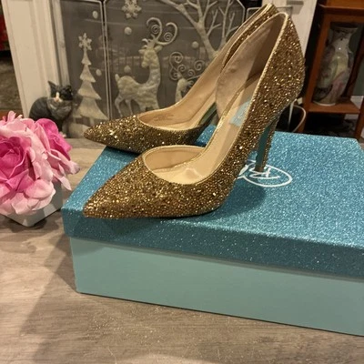 Betsey Johnson Hazil Glitter Gold Rhinestone Pumps Pointed Toe Heel  Womens 6M - Image 1 of 4