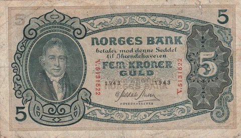 Norway 1943 5 Gold Kroner Circulated Banknote Pick 37d Bargain Bin Cover
