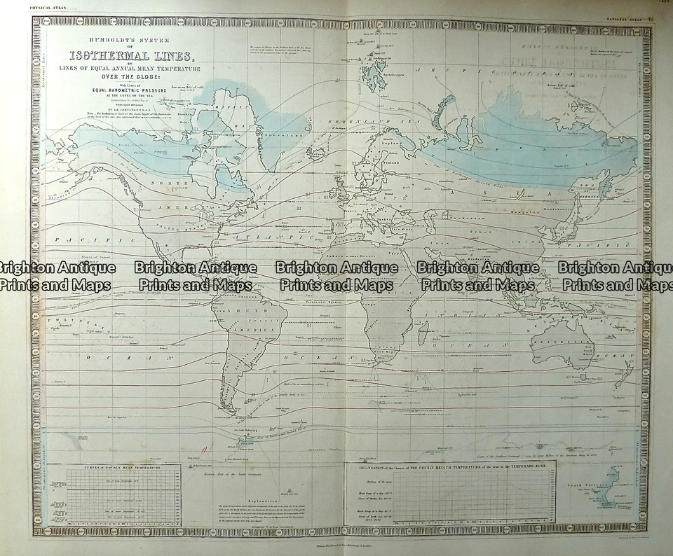 Mapa antiguo 232-572 mundo - líneas isotérmicas de Johnston c.1850 Foto 1 de 1
