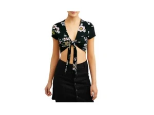 NEW Juniors MEDIUM Short Sleeve TIE FRONT Cropped Blouse BLACK - Picture 1 of 1
