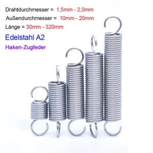 Zugfedern Feder Edelstahl A2 Zugfeder mit Haken, verschiedene Größen,d=1,5/2,0mm - Picture 1 of 5