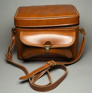 Vintage braun Kamera Hartschale orange Samt Schultergurt 10x7x7,5" #702 USA - Bild 1 von 15