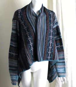 NWT Coldwater Creek 2X Blue Brown White Tribal Draping Cardigan Sweater Tribal - Picture 1 of 11