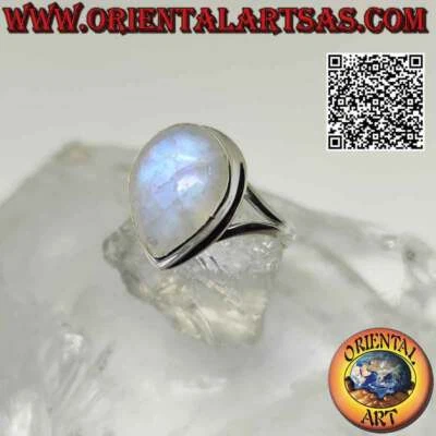 Anello in argento 925 ‰ grande pietra di luna arcobaleno a goccia cabochon, bord - Immagine 1 di 4