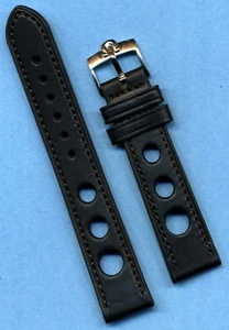 Black Rally Racing Genuine Leather MB Strap, 17mm 18m & Omega Steel Gold Buckle - Picture 1 of 7