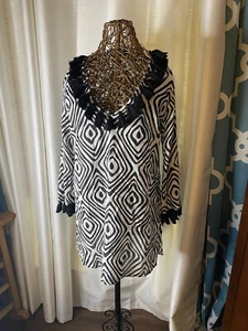NWT Mud Pie Black White Tunic Top Swim Pool Beach Cover Women L Fringe Diamond - Picture 1 of 5