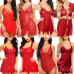Women’s-Sexy-Lingerie-Lace-Babydoll-Teddy-Bodysuit-Chemise-Sleepwear-Dress-Red - Picture 1 of 93