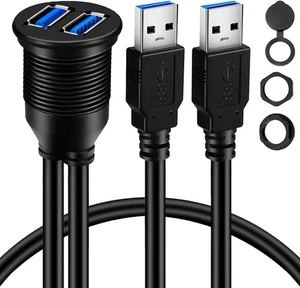 BATIGE 2 Ports Dual USB 3.0 Male to Female AUX Flush 1pcs 1ft, Black - Afbeelding 1 van 7