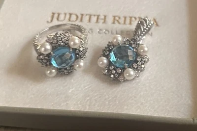 Anillo Judith Ripka Plata 925 Topacio Perla y Circonita cúbica Talla 8 con Colgante a Juego  Foto 1 de 4