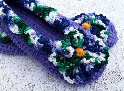 全新 中号 手工钩针编织 女式 卧室 拖鞋 三色 薰衣草 中号 紫色 — 第 1/2 张图片