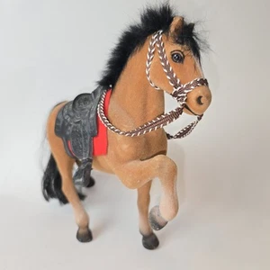 Vintage Flocked Rearing Horse Figurine ~ 8" Western Saddle, Felt, Realistic Mane - Picture 1 of 16