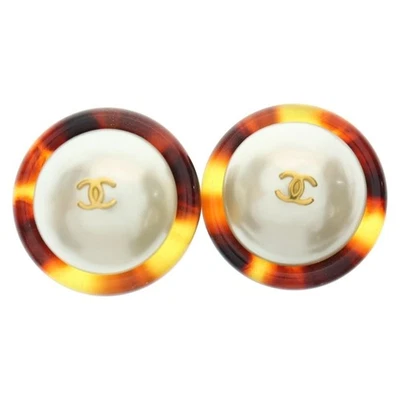CHANEL Coco Mark Pearl Earrings Gold Hardware White X Brown GP 97A Used 68886b75 - Image 1 of 4