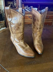 Oak Tree Farms Cowboy Boots 8 Brown Western Pointed Toe Block Heel - Picture 1 of 13