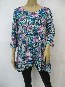 Maple Women's Comfy Stretch Knit Teal Abstract Print Sharkbite Tunic Top Size L - Picture 1 of 3