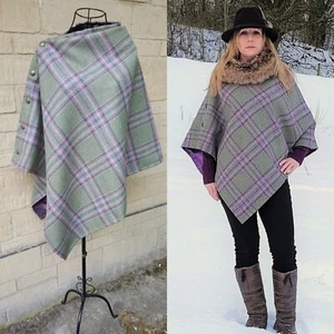 Tweed poncho cape greens raspberry purples, paisley satin lining. - Picture 1 of 11