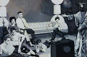 The T.V. Watchers & Jesus -Jesus Christ art by KATA BILLUPS -Famous buyers list! - Picture 1 of 23