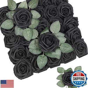WLT 25Pcs Black Roses Artificial Flowers Bulk,Real Looking Foam Rose with Ste - Picture 1 of 5