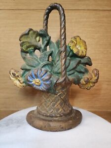 Antique Hubley Basket Mixed Flowers Cast Iron Doorstop 9.75”