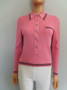 NWOT CHANEL Pink Textured Knit Front Logo Button Collared Sweater F 34/US 2 - Picture 1 of 11