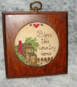 Vintage Handmade Needlepoint Bless This Country Home handcrafted Framed Picture - Picture 1 of 2