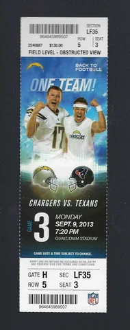 DEANDRE HOPKINS DEBUT - 2013 NFL TEXANS @ CHARGERS FULL UNUSED FOOTBALL TICKET Cover