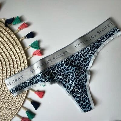 Victoria's Secret Logo Cotton Thong Panty Blue Leopard Small NEW - Image 1 of 4