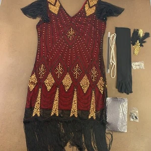 Women's 3XL Red & Gold Sequin Fringe Flapper Dress & Accessory Set 9 Pieces NWT - Picture 1 of 11