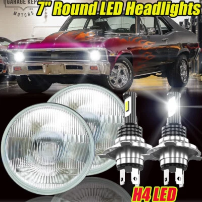 For Chevrolet Nova 1969-1978 Pair 7" inch Round LED Headlights  High Low Beam - Image 1 of 4
